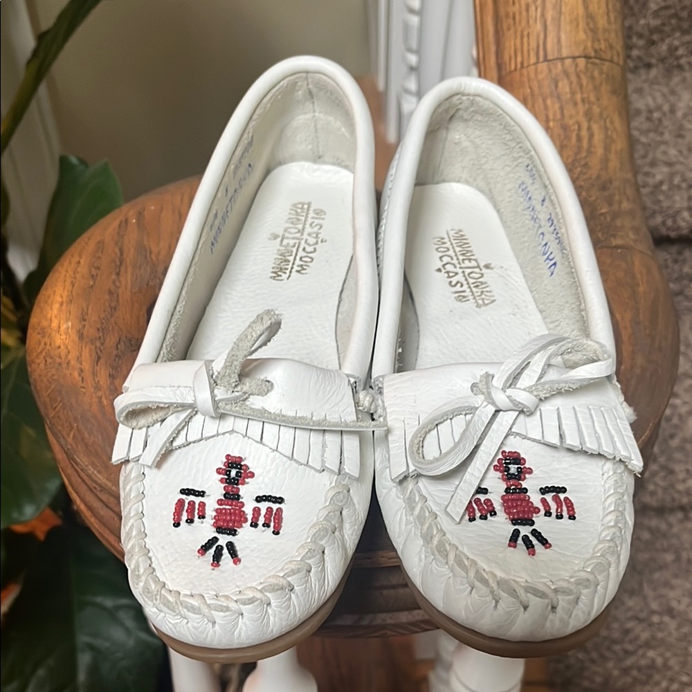 Minnetonka White Moccasins with Red and Black Embroidery